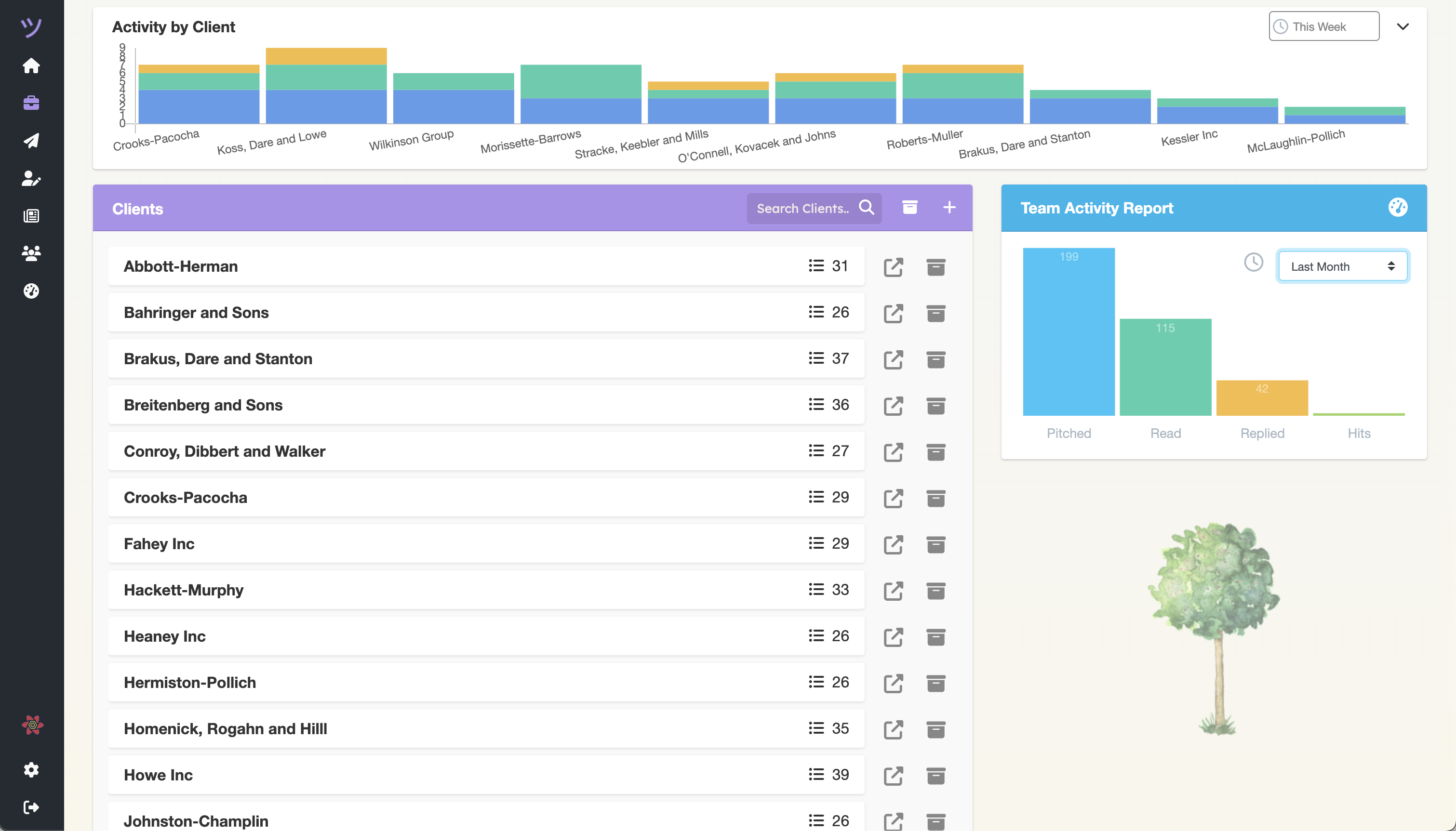 PitchFriendly client dashboard with separate client workspaces