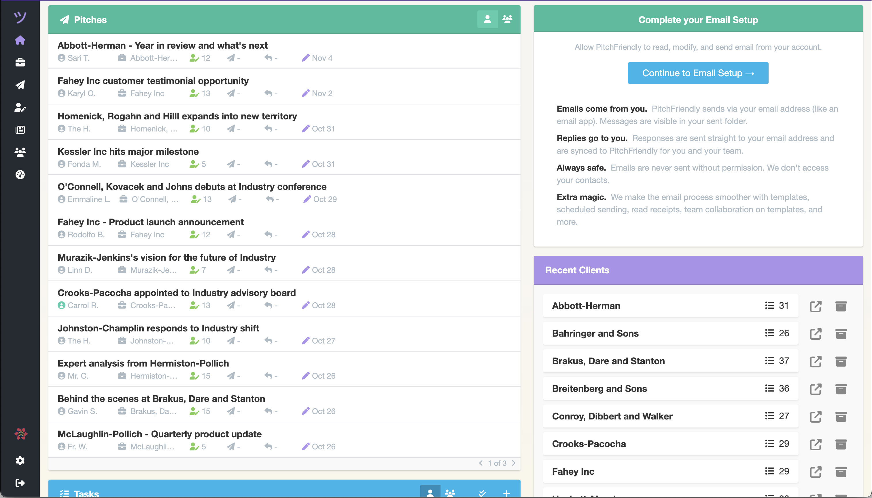 PitchFriendly dashboard showing outreach activity and campaign outcomes