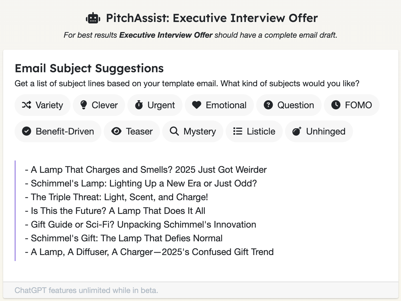 PitchAssist Unhinged Mode generating satirical subject lines