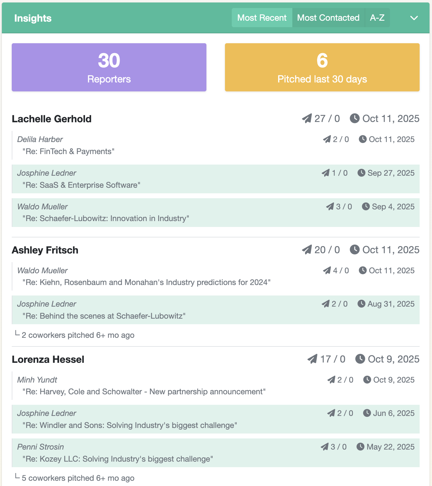 PitchFriendly pitch insights with team contact history for a reporter