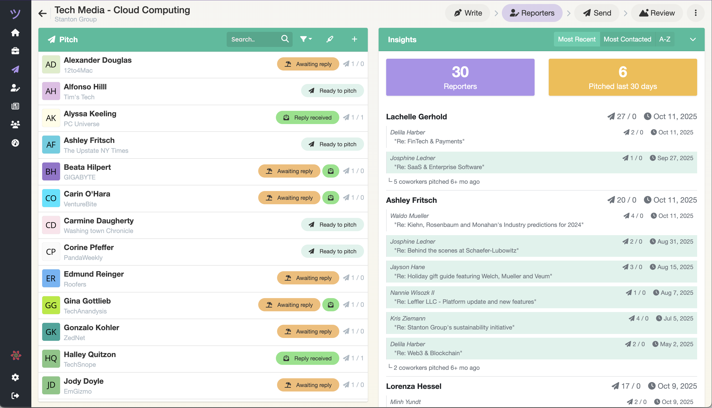 PitchFriendly press list with reporters, assignments, and pitch statuses