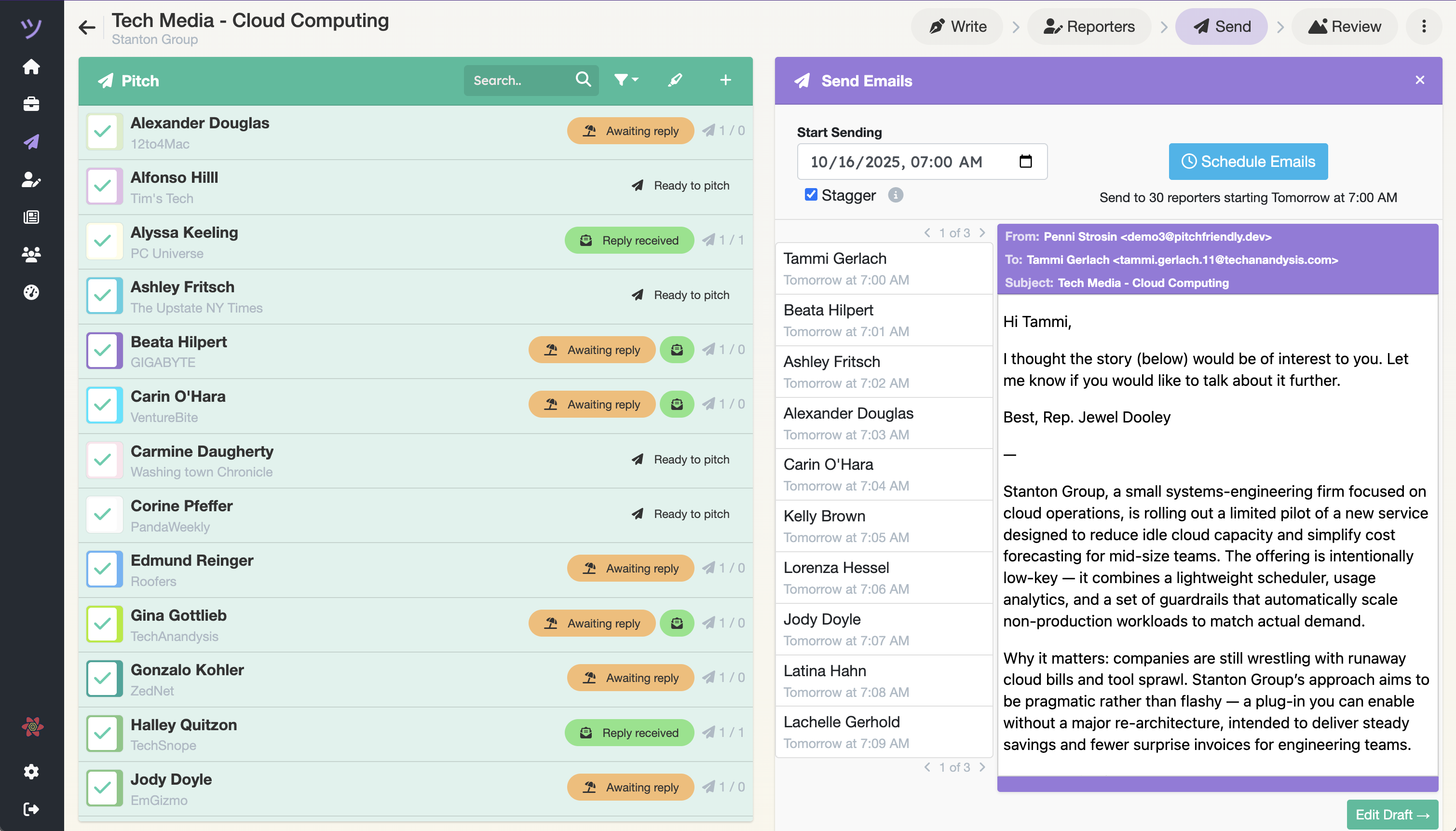Scheduling a staggered pitch send with per-reporter personalized emails