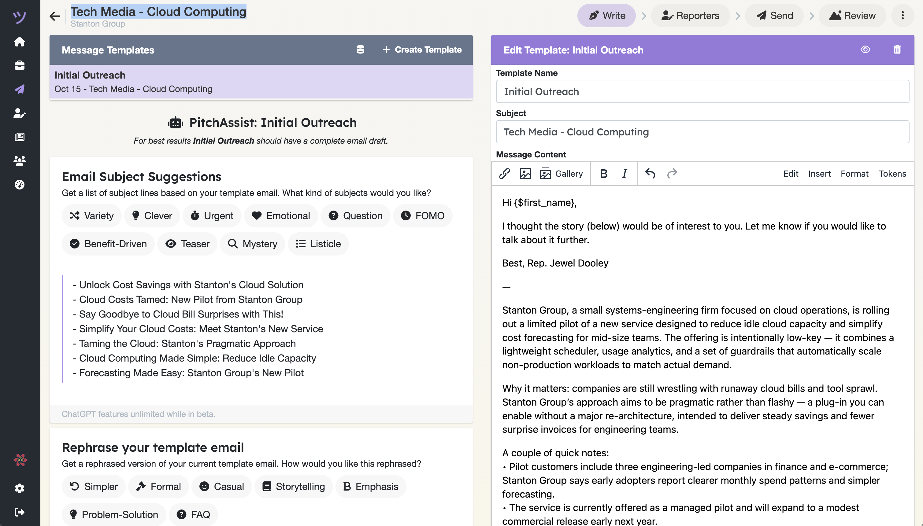PitchAssist generating subject line suggestions beside the pitch template editor