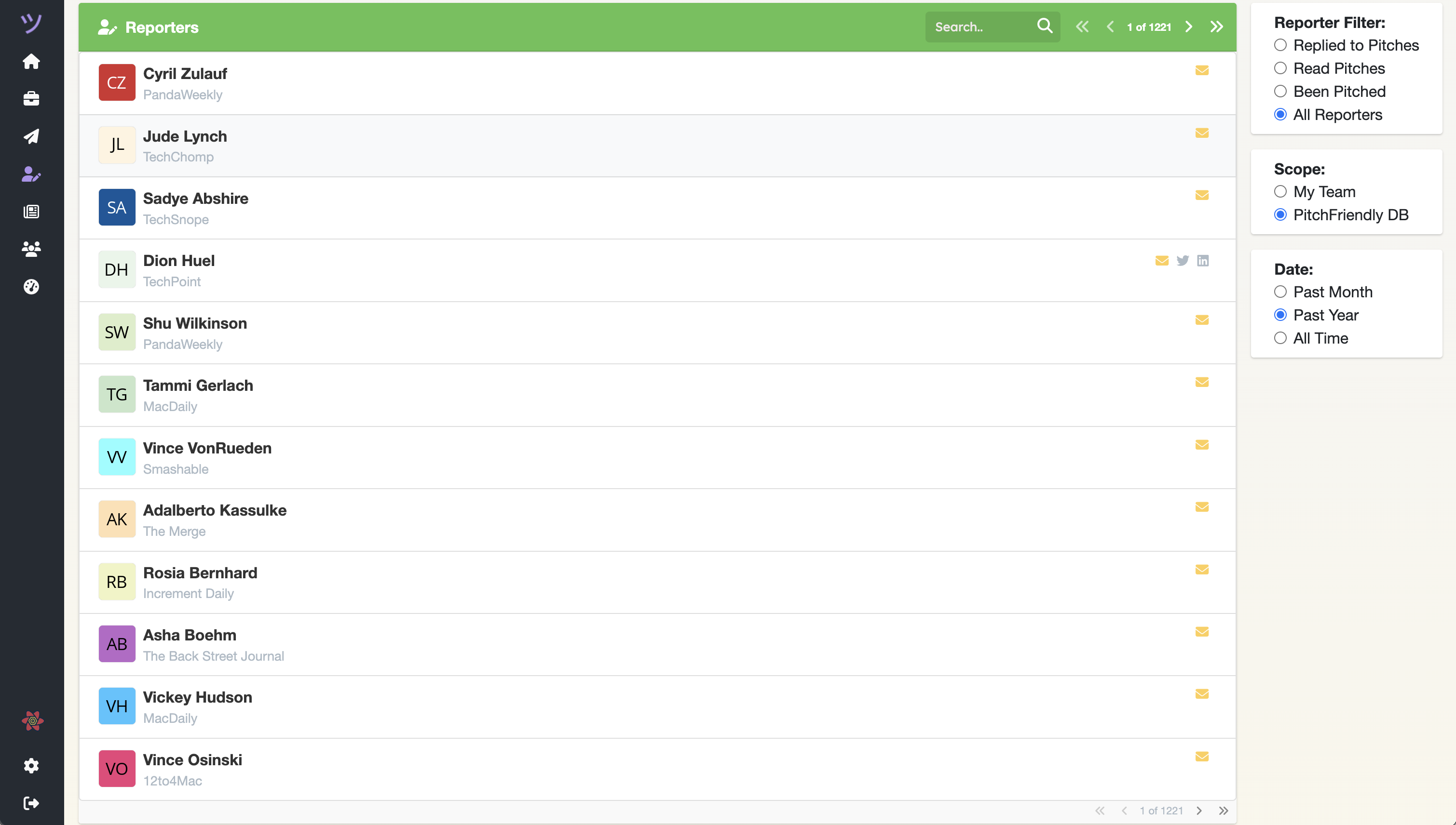 Reporter database with outlets, filters, and contact details
