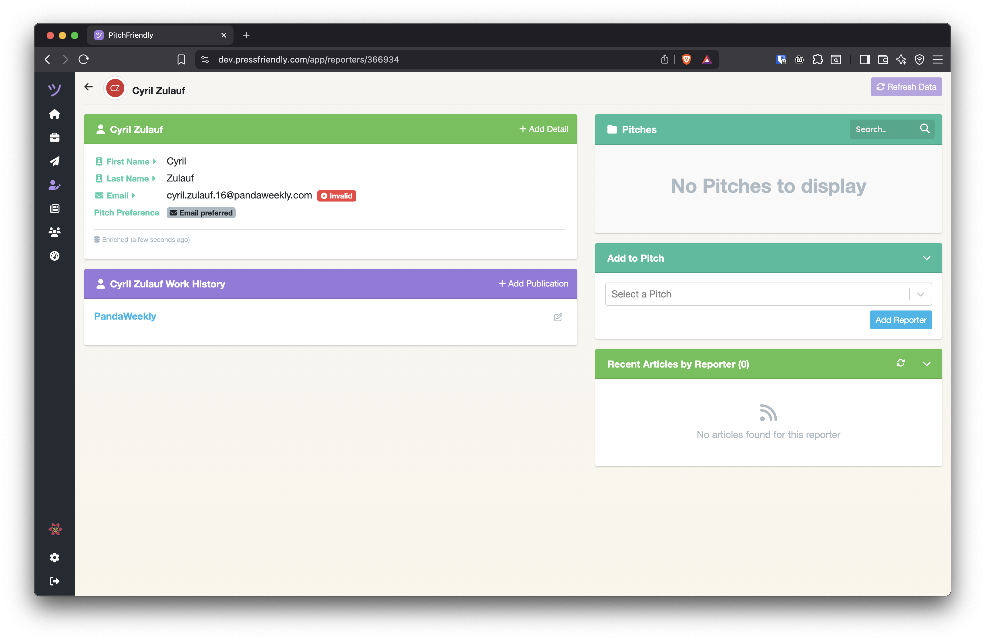 Reporter profile showing an invalid email and contact validation context